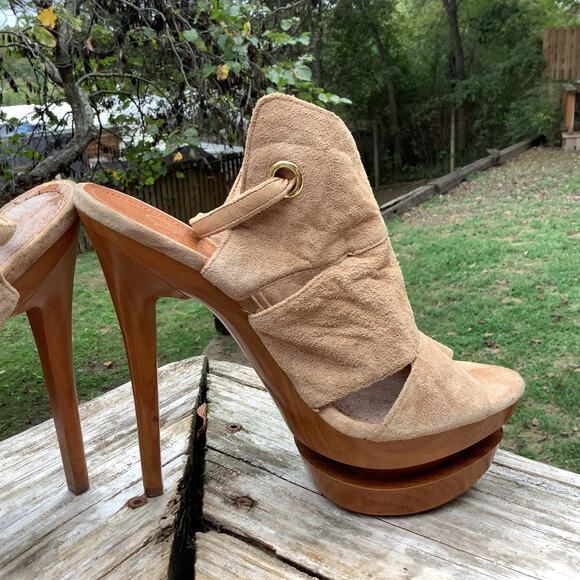 Jessica Simpson Cat Camel Suede Slingback Wooden Platform Stilettos Heels 9B - Picture 1 of 8
